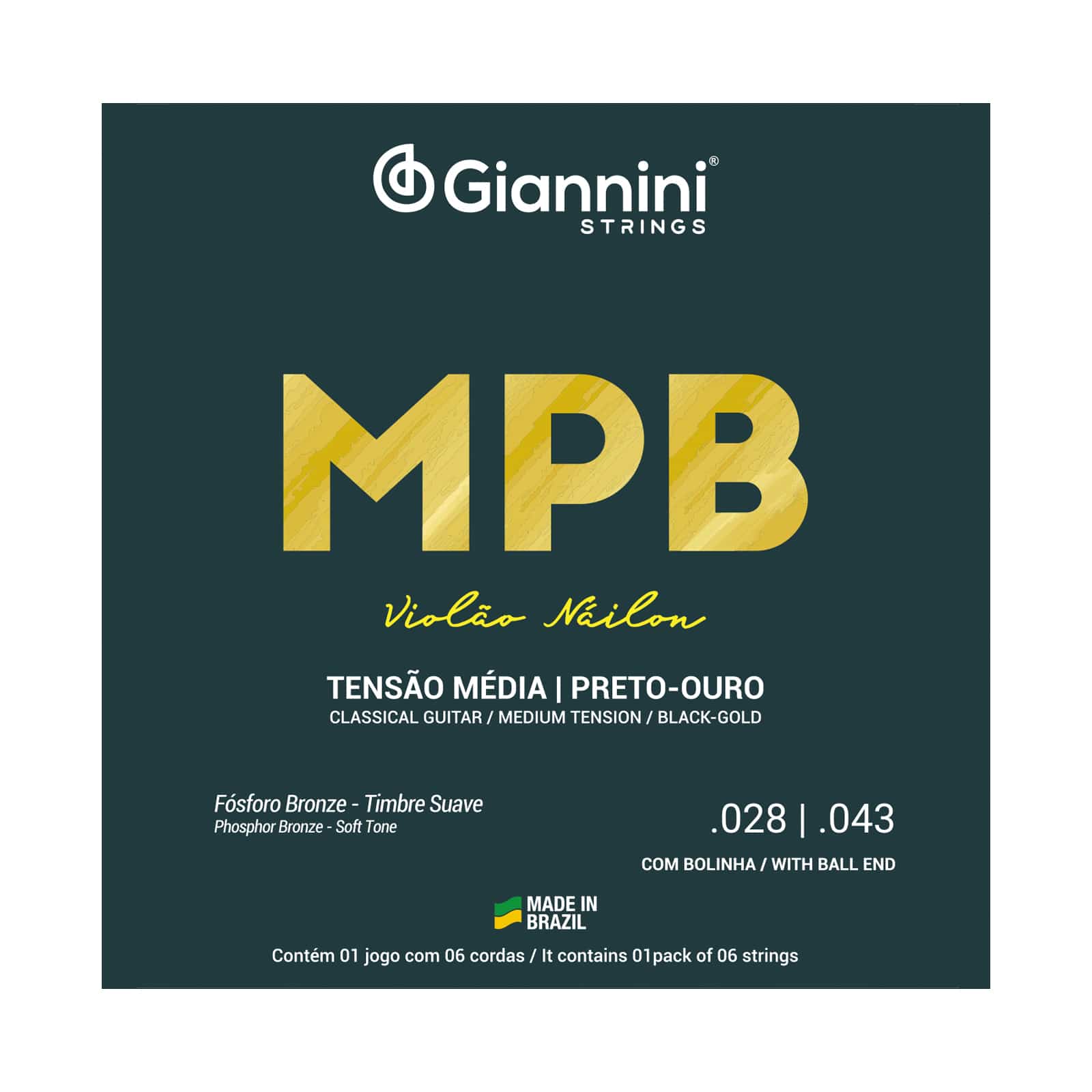 Encordoamento para Violão Náilon 6 cordas Giannini MPB Fósforo Bronze GENWBG Preto-Ouro Média