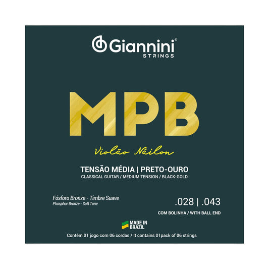 Encordoamento para Violão Náilon 6 cordas Giannini MPB Fósforo Bronze GENWBG Preto-Ouro Média