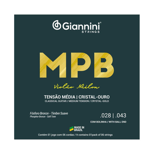 Encordoamento para Violão Náilon 6 cordas Giannini MPB Fósforo Bronze GENWG Cristal-Ouro Média