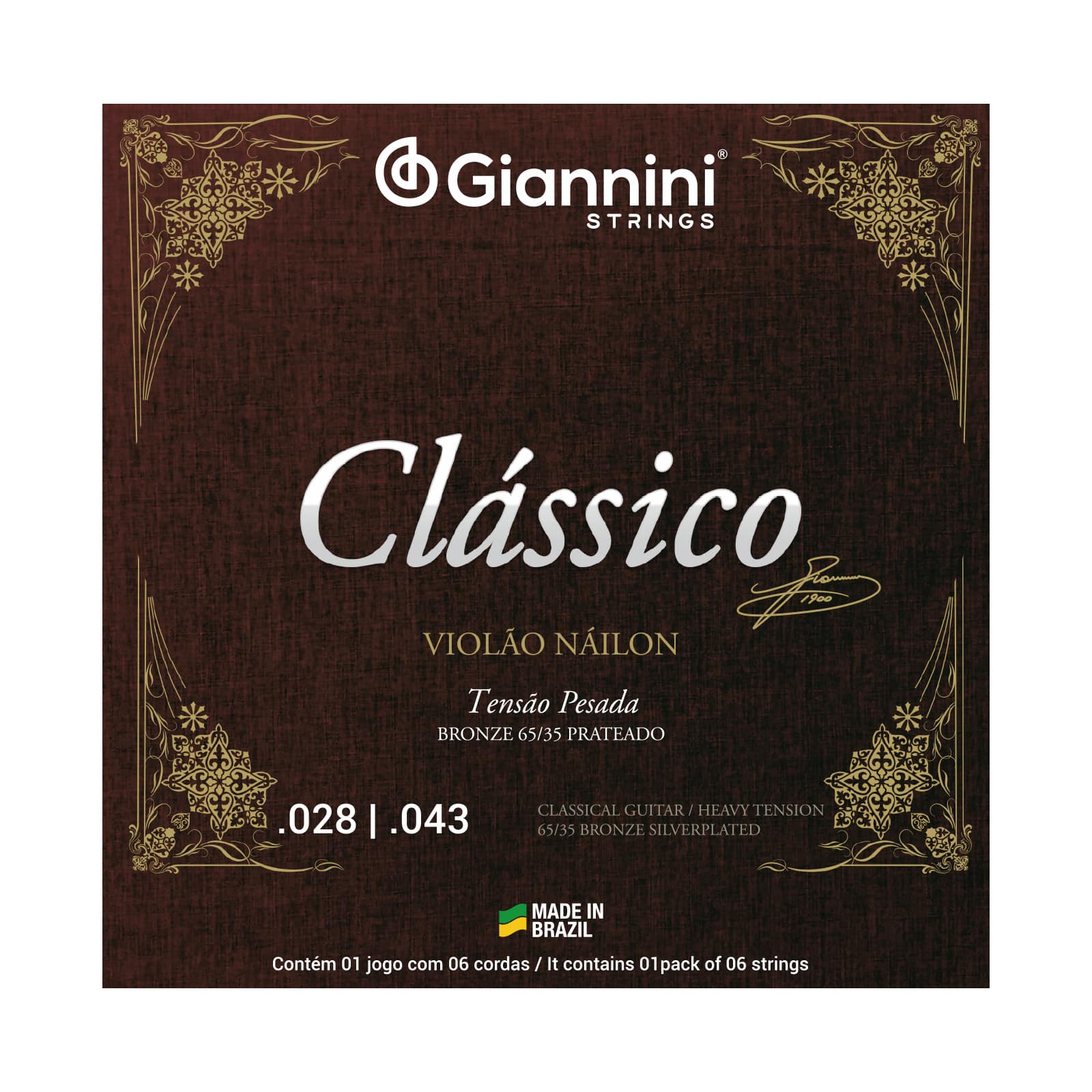 Encordoamento para Violão Náilon 6 cordas Giannini Clássico Bronze 65/35 GENWPA Pesada